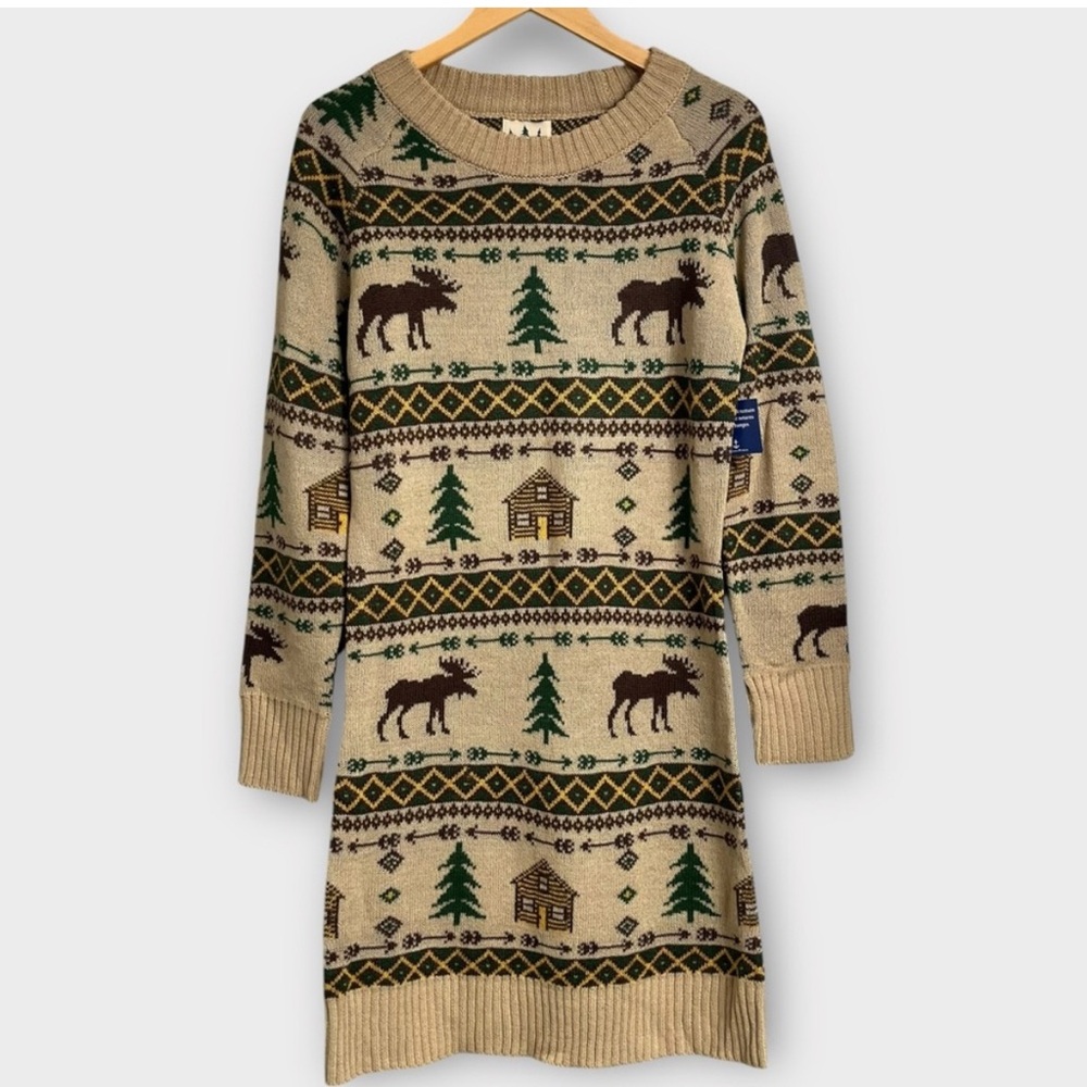 NWT Kiel James Patrick Cozy Cabin Sweater Dress Medium Moose Winter Holidays New